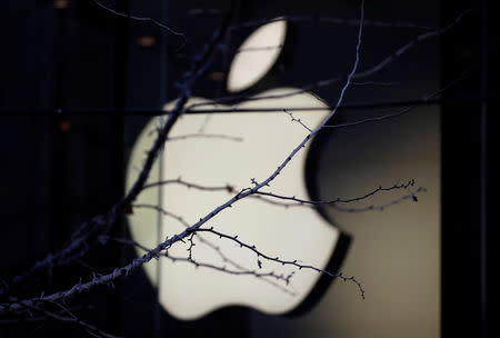 An Apple company logo is seen behind tree branches outside an Apple store in Beijing, China December 14, 2018. REUTERS/Jason Lee