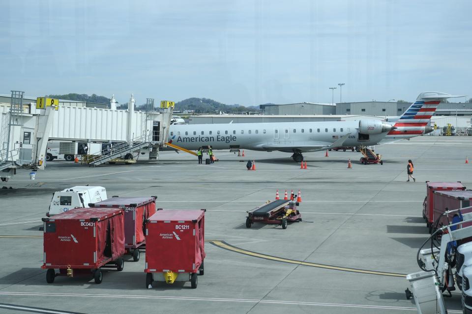 This stock image of an American Eagle flight prepares to depart McGhee Tyson Airport in Alcoa, Tennessee on Monday, March 25, 2024.