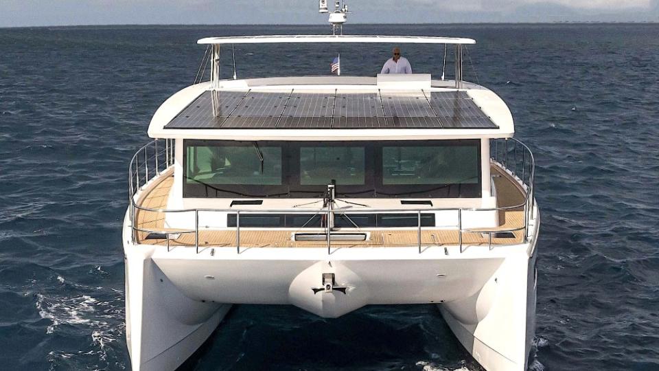 All function, no form? The 60-footer’s boxy shape is out of synch with other cat manufacturers that use more curves in their superstructures. - Credit: Courtesy Silent Yachts