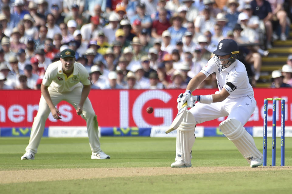 England's Joe Root plays a shot on day one of the first Ashes Test cricket match between England and Australia at Edgbaston, Birmingham, England, Friday, June 16, 2023. (AP Photo/Rui Vieira)