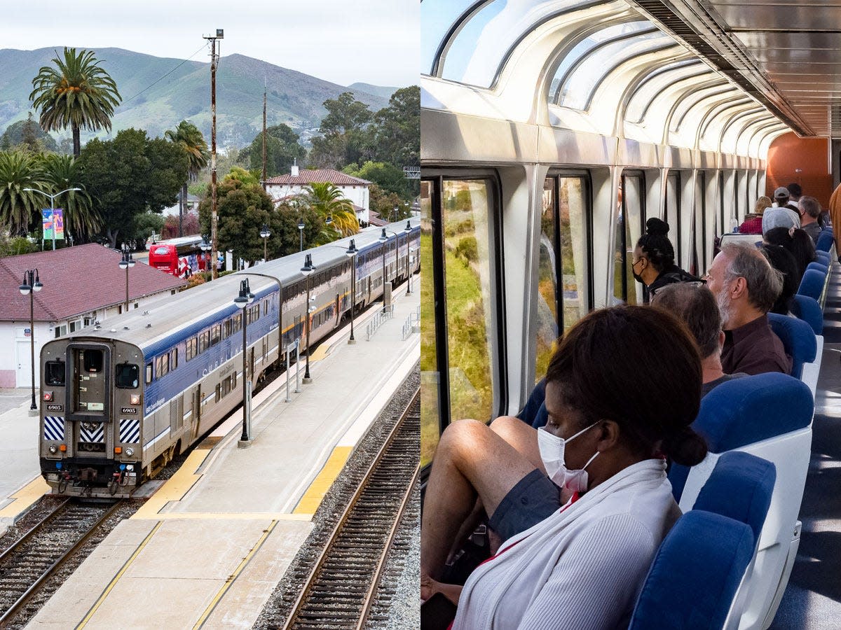 Coast Starlight Amtrak Train on tracks (left), people looking out observation car (right)