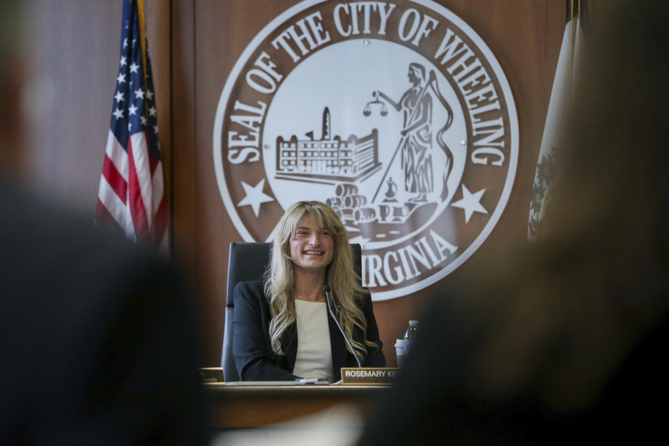 Transgender Mayoral candidate Rosemary Ketchum participates in a City Council meeting on Friday, April 5, 2024, in Wheeling, W.Va. (AP Photo/Kathleen Batten)