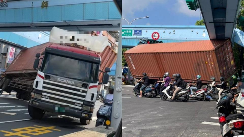 桃園貨櫃車撞天橋。（圖／翻攝自記者爆料網）