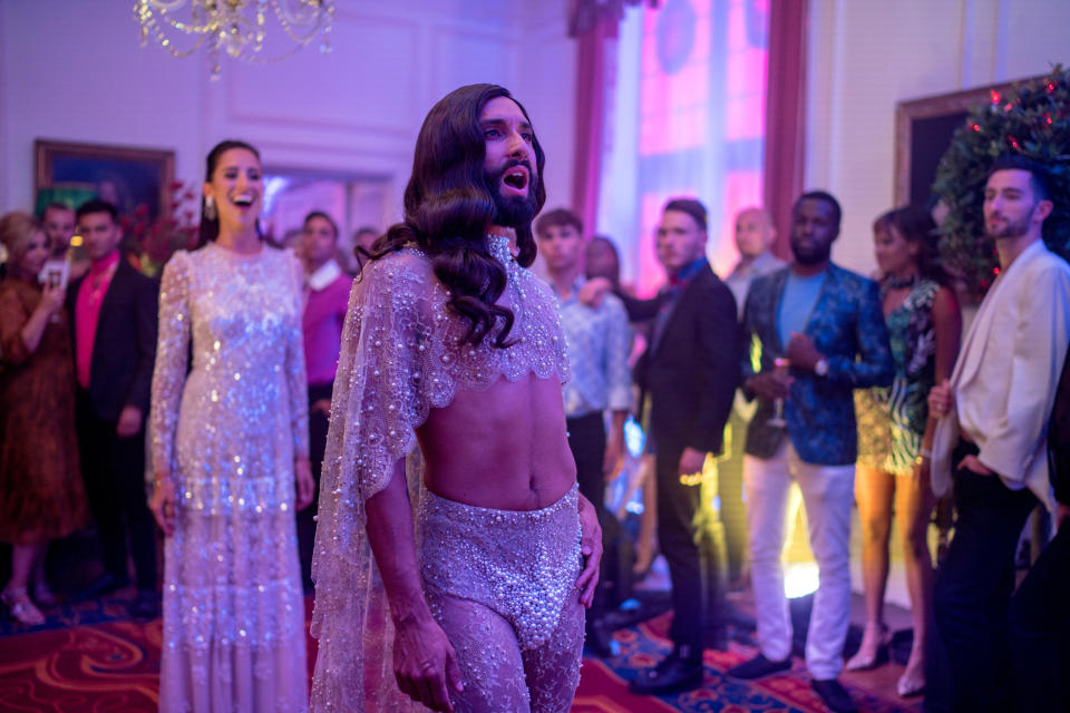 EUROVISION SONG CONTEST: The Story of Fire Saga - Estonian singer Elina Netsajeva, Austrian singer Conchita Wurst. | Jonathan Olley/NETFLIX—© 2020 Netflix, Inc.