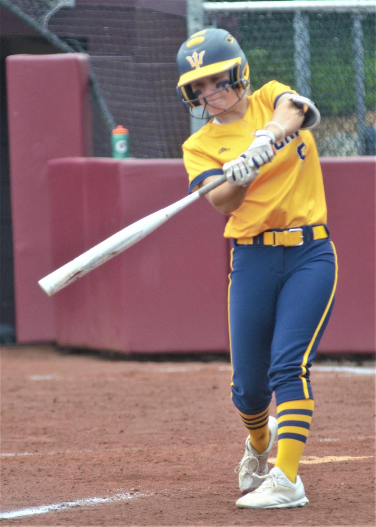 Alexis Shepherd practices her swing during an MHSAA Division 2 softball state quarterfinal matchup between Gaylord and Hudsonville Unity Christian on Tuesday, June 13 at Margo Jonker Stadium on the campus of Central Michigan University, Mount Pleasant, Mich.