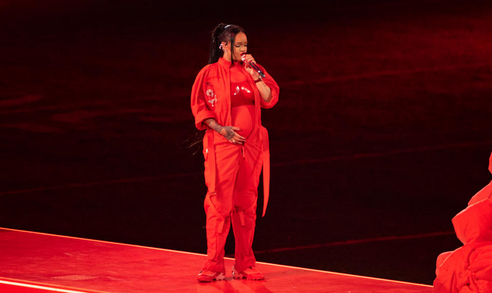 Rihanna showcased her baby bump at the Super Bowl earlier this year. (Getty Images)