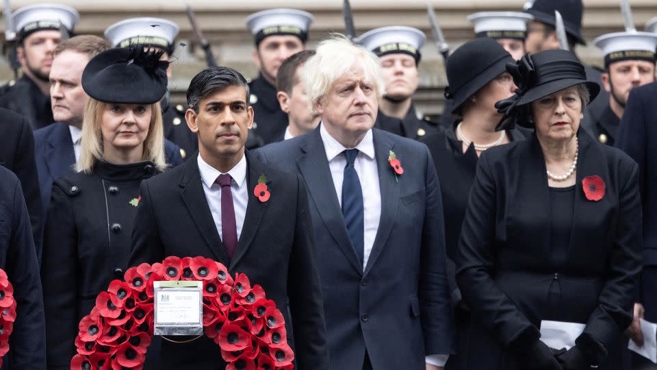 The UK has had a swift turnaround of Conservative prime ministers in recent years, including, from left to right: Liz Truss, Rishi Sunak, Boris Johnson and Theresa May, all pictured at the National Service of Remembrance in London, in November last year. - Richard Pohle/Reuters