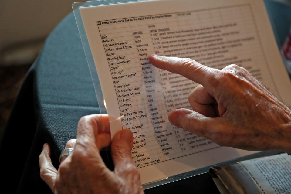 Charles Nisbet, a retired economics professor and Palm Springs International Film Festival pass holder, holds a laminated spreadsheet of his top 26 films he selected to see during the festival in Palm Springs, Calif., on Monday, Jan. 9, 2023. 