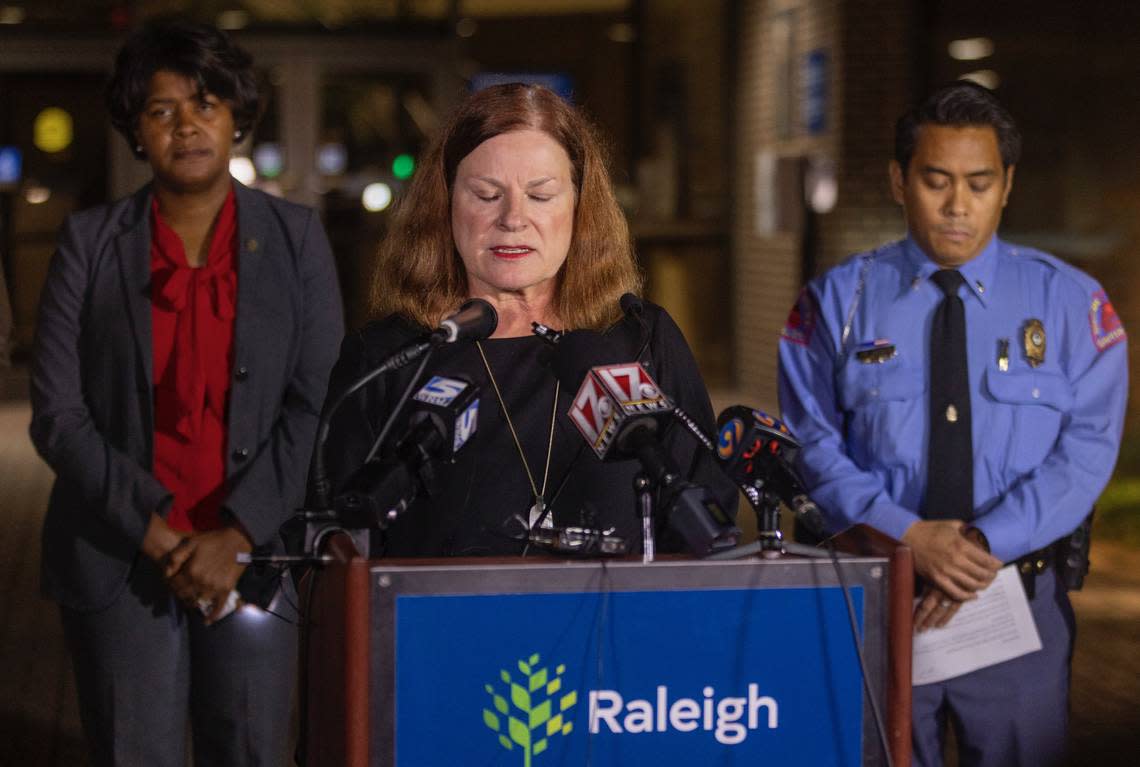 A visibly shaken, Raleigh Mayor Mary-Ann Baldwin, announces that multiple people were shot, and at least five people were killed on the Neuse River Greenway on Thursday afternoon. Baldwin delivered the news during a press briefing at the Raleigh Municipal Building on Thursday, October 13, 2022 in Raleigh, N.C. Robert Willett/rwillett@newsobserver.com