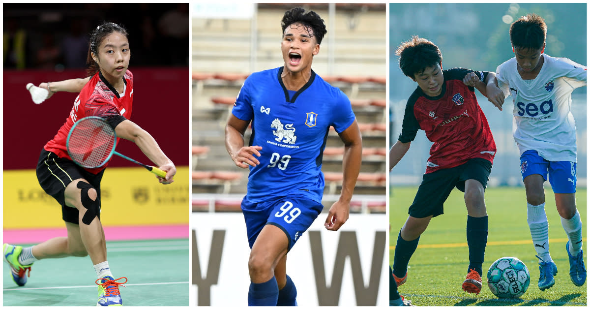 (From left) Singapore shuttler Yeo Jia Min, national footballer Ikhsan Fandi and Lion City Sailors launching Puma Youth Champions League. (PHOTOS: Getty Images/Lion City Sailors)