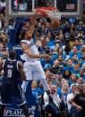 Dallas Mavericks guard Justin Anderson (1) dunks the ball past Oklahoma City Thunder forward Serge Ibaka (9) during the second half in game three of the first round of the NBA Playoffs at American Airlines Center. The Thunder defeated the Mavericks 131-102. Mandatory Credit: Jerome Miron-USA TODAY Sports