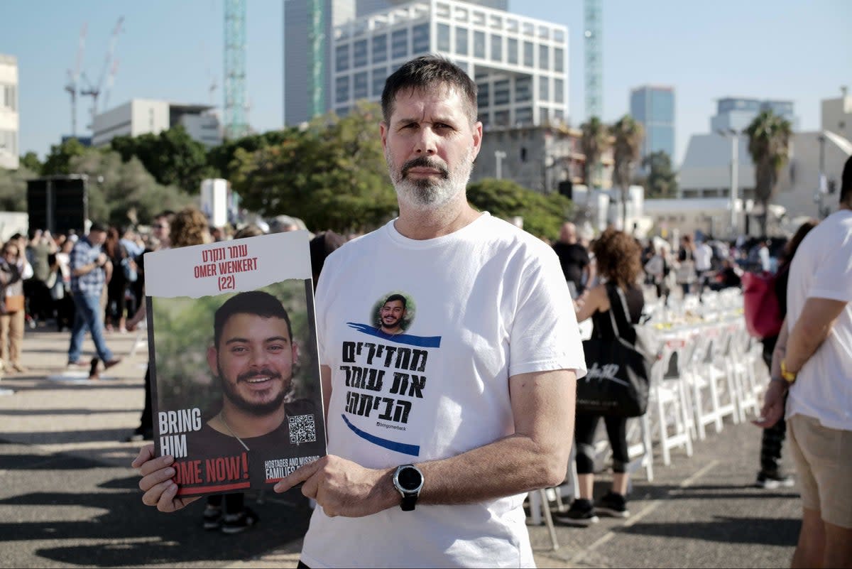 Ranen Carmel, whose wife’s cousin’s son, 22-year-old Omer Wenkert is currently held hostage inside Gaza (Tom Bennett)