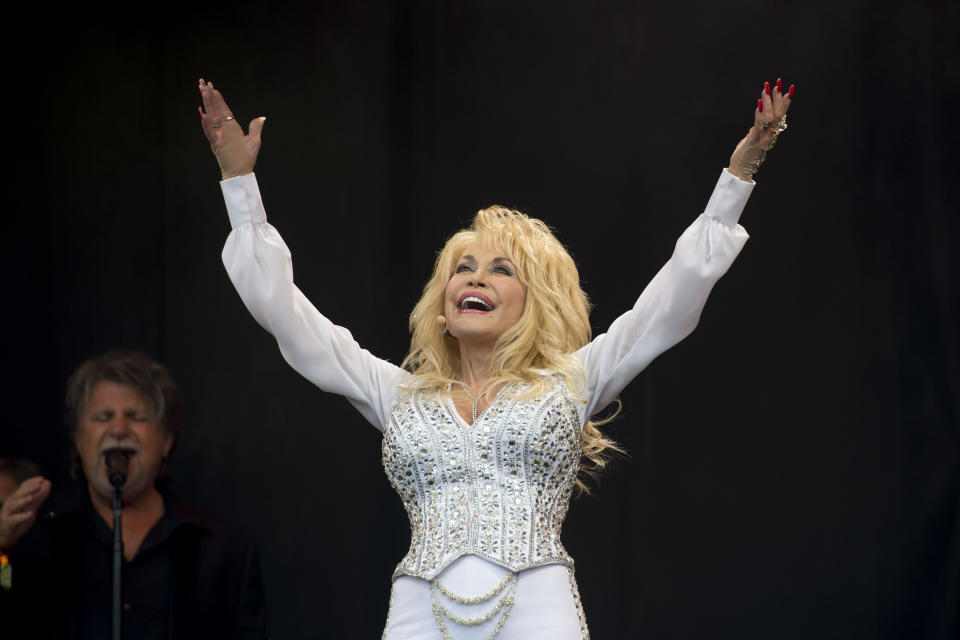 Dolly Parton performing at the Glastonbury Festival, at Worthy Farm in Somerset.   (Photo by Matt Crossick/PA Images via Getty Images)