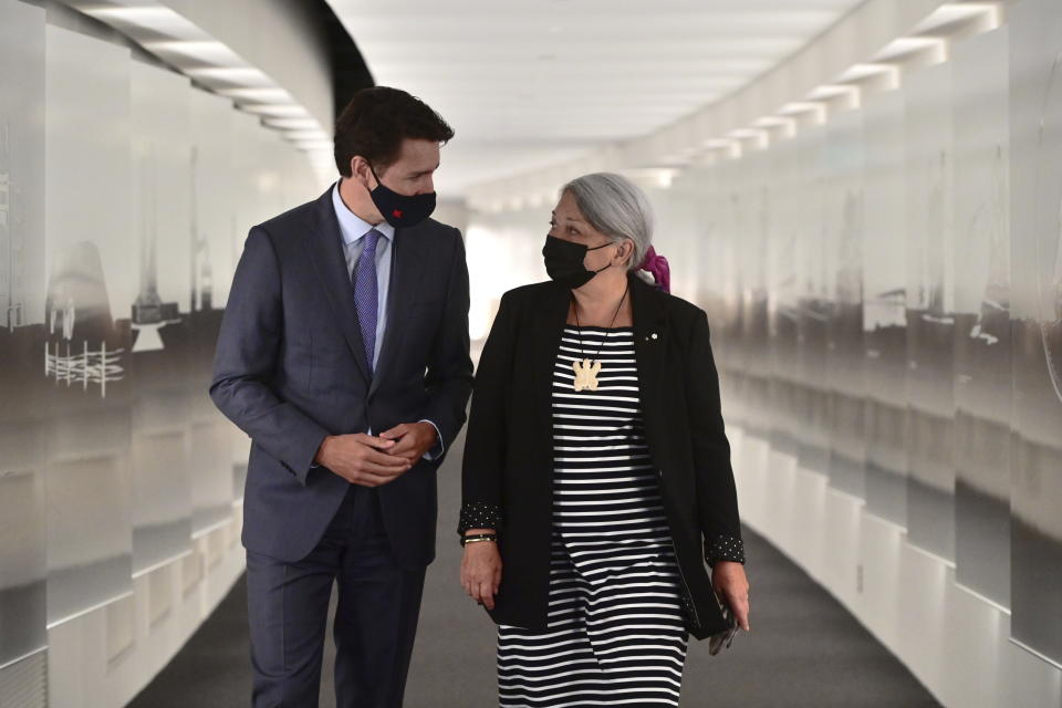 Prime Minister Justin Trudeau and Mary Simon arrive for an announcement at the Canadian Museum of History in Gatineau, Que., on Tuesday, July 6, 2021. Simon, an Inuk leader and former Canadian diplomat, has been named as Canada's next governor general — the first Indigenous person to serve in the role. (Sean Kilpatrick/The Canadian Press via AP)