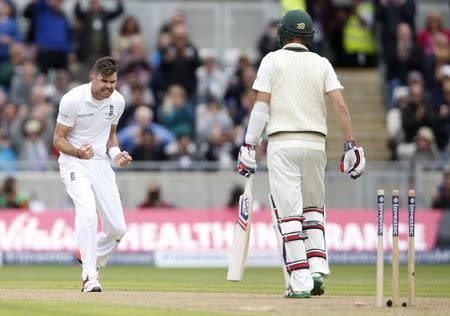 Cricket - England v Australia - Investec Ashes Test Series Third Test - Edgbaston - 29/7/15 England's James Anderson celebrates dismissing Australia's Nathan Lyon Action Images via Reuters / Carl Recine Livepic