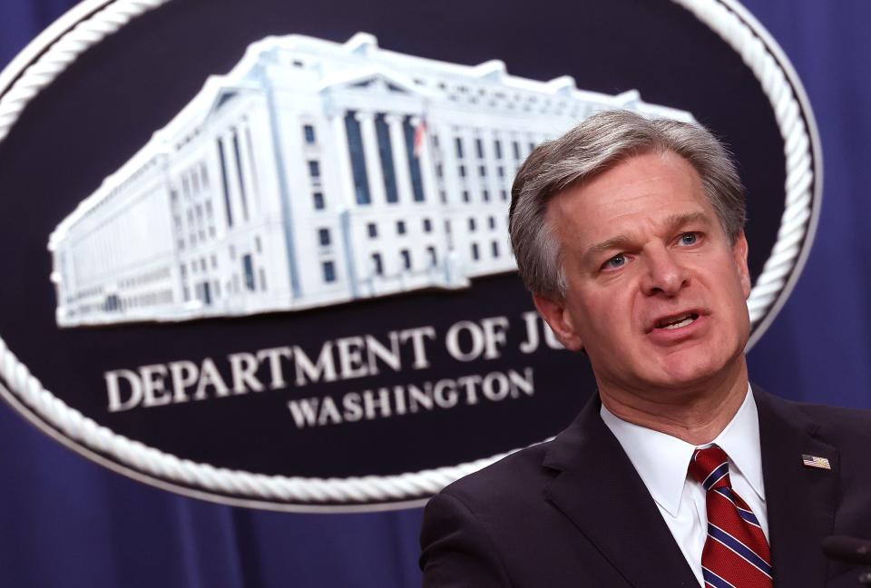 FBI Director Christopher Wray speaks at a press conference at the U.S. Department of Justice on Oct. 24 in Washington, D.D.