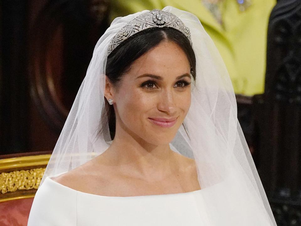 Meghan Markle stands at the altar during her wedding in St George's Chapel at Windsor Castle on May 19, 2018 in Windsor, England