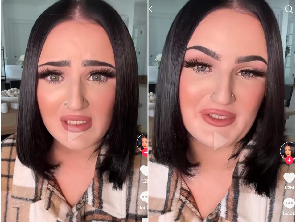 Split screen of Mikayla Nogueira apology video on TikTok