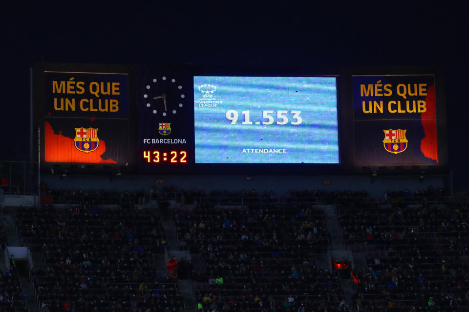 A record 91,553 fans attended Barcelona's win over Real Madrid in the UEFA Women's Champions League quarterfinal second leg on Wednesday at the Nou Camp. (Photo by Eric Alonso/Getty Images)