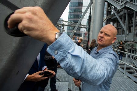 Aerialist Wallenda speaks with media as he prepares for a highwire walk over Times Square in New York