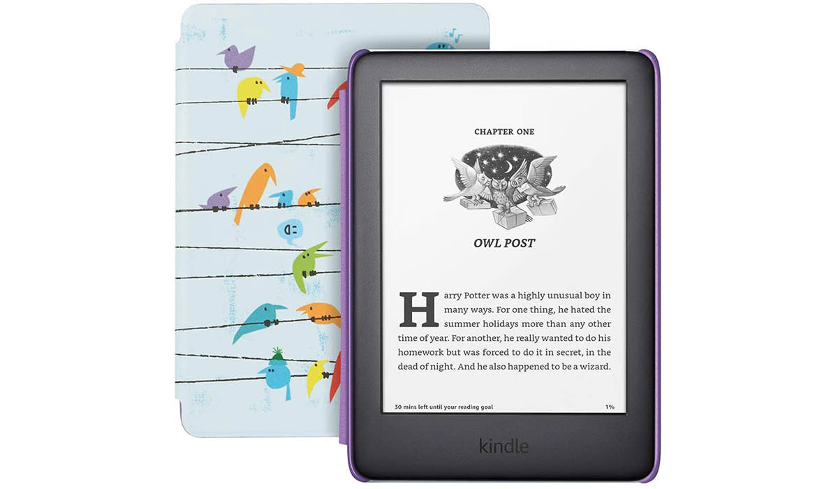 An e-reader with a bird-pattern book cover behind it. 