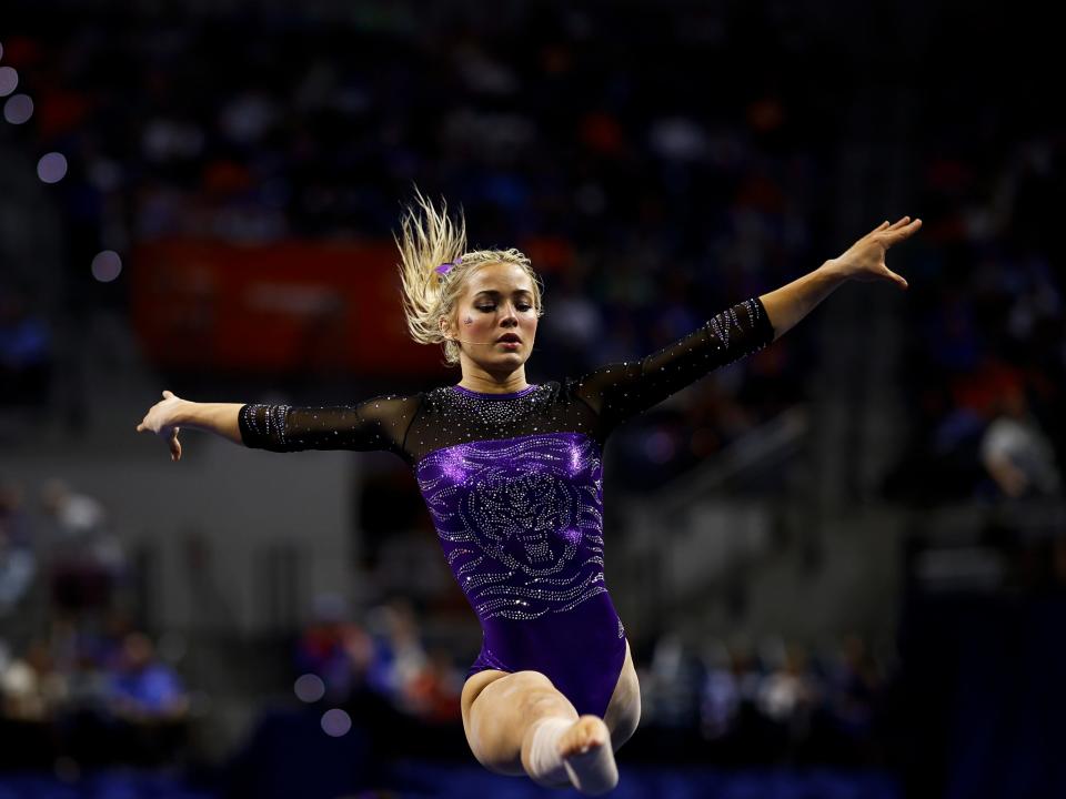 LSU gymnast Olivia "Livvy" Dunne competes against the University of Florida in 2024.