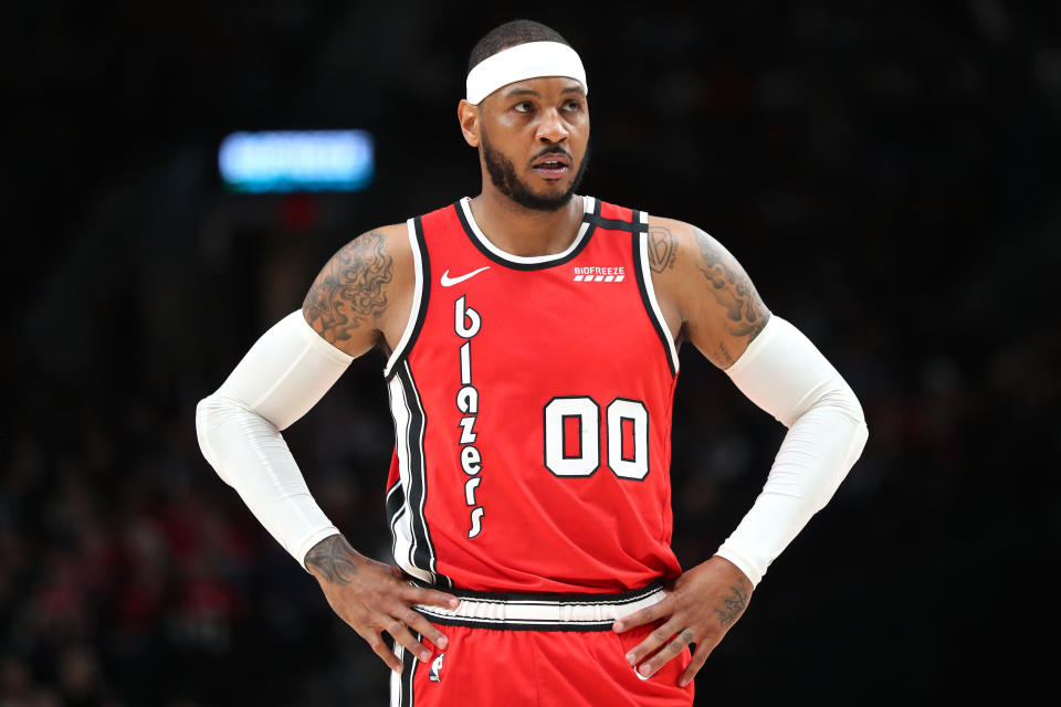 PORTLAND, OREGON - FEBRUARY 23: Carmelo Anthony #00 of the Portland Trail Blazers reacts in the first quarter against the Detroit Pistons during their game at Moda Center on February 23, 2020 in Portland, Oregon. NOTE TO USER: User expressly acknowledges and agrees that, by downloading and or using this photograph, User is consenting to the terms and conditions of the Getty Images License Agreement. (Photo by Abbie Parr/Getty Images)