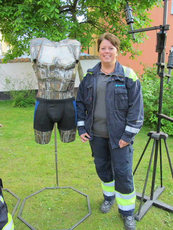 Steelworker Cathrin Persson poses with an example of Thunderwear, heat-resistant undergarments that stops sparks from reaching the skin. The novel fabric was developed with help from the European Space Agency based on spacesuit material technol