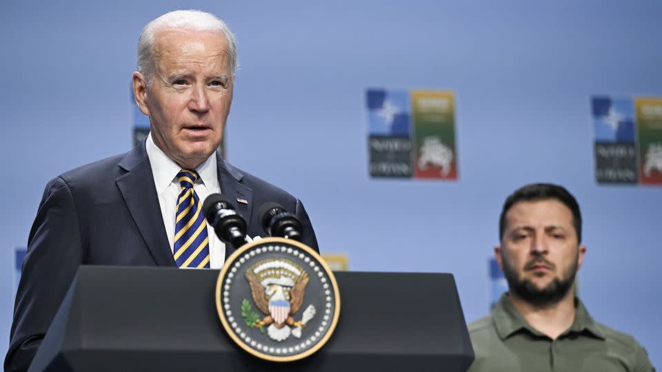 US President Joe Biden delivers a speech next to Ukrainian President Volodymyr Zelensky during an event with G7 leaders to announce a Joint Declaration of Support for Ukraine during the NATO Summit in Vilnius on July 12, 2023. - Andrew Caballero-Reynolds/AFP/Getty Images