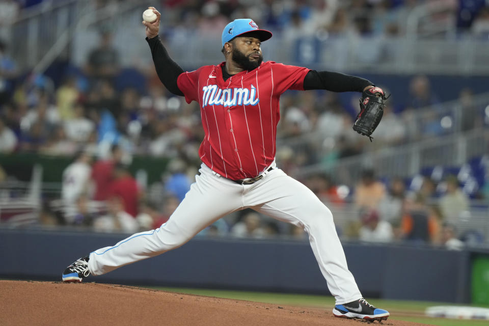 Miami Marlins starting pitcher Johnny Cueto aims a pitch during the first inning of a baseball game against the Detroit Tigers, Saturday, July 29, 2023, in Miami. (AP Photo/Marta Lavandier)