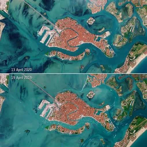 歐洲太空總署公布威尼斯衛星圖對比照，疫情讓船全沒了視線直透水底 。（圖／記者張靖榕攝）