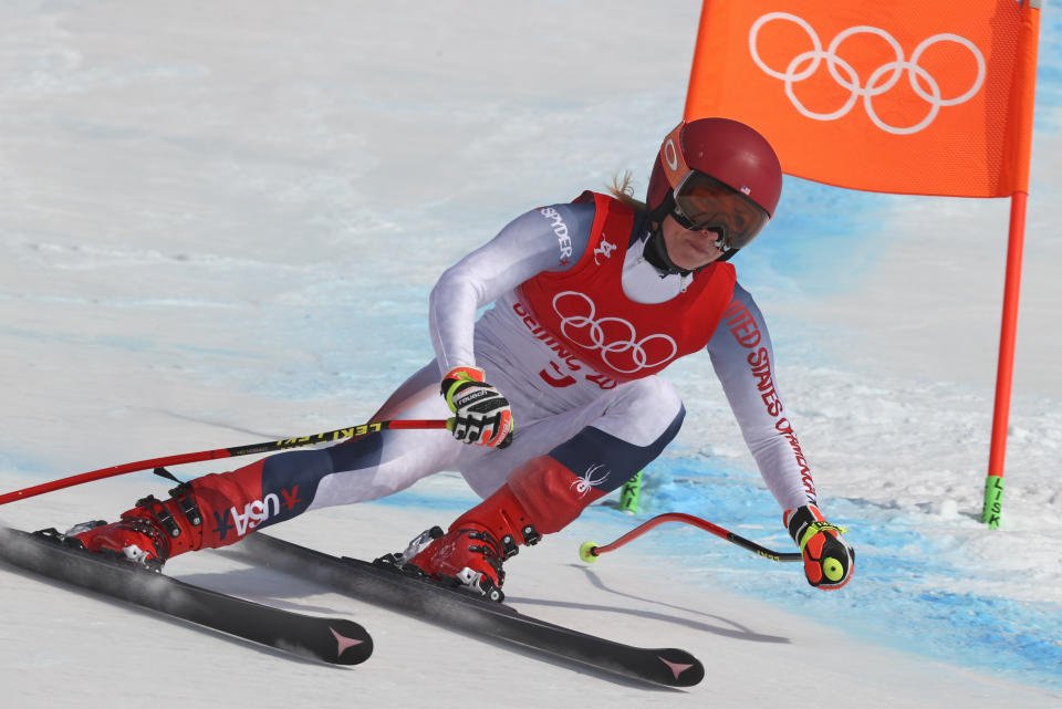 FILE - Mikaela Shiffrin of the United States competes in the women's combined downhill at the 2022 Winter Olympics, Thursday, Feb. 17, 2022, in the Yanqing district of Beijing. Shiffrin isn't putting the same pressure on herself for the upcoming world championships, starting on on Feb. 6, 2023 in Courchevel and Meribel, France, that she did for last year's Beijing Olympics. The event is Shiffrin's first major championship since American skier didn't win a medal and didn't finish three of her five races at the Olympics. (AP Photo/Alessandro Trovati, File)