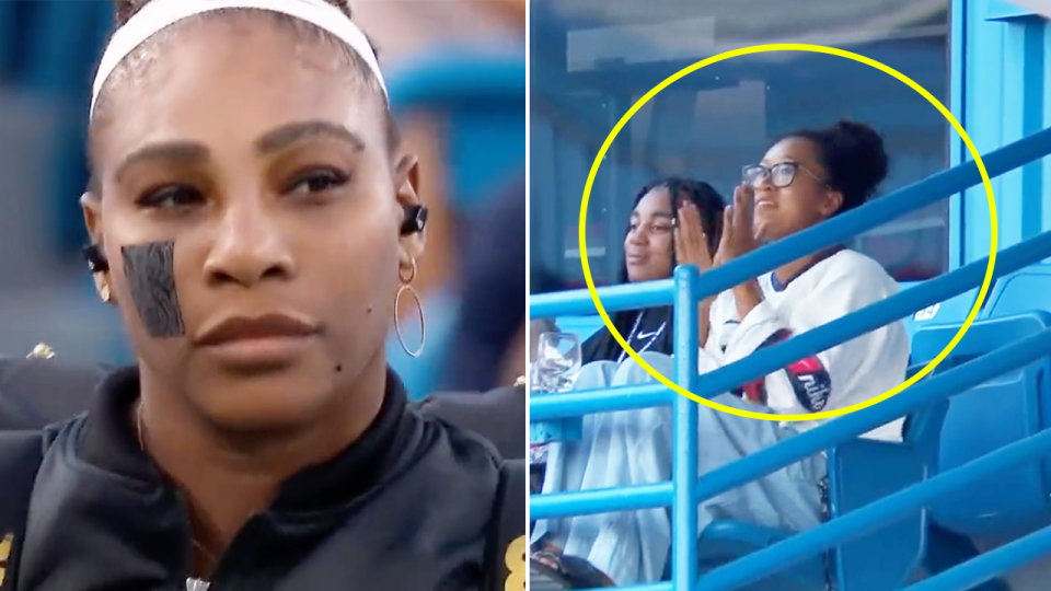 Naomi Osaka (pictured right) clapping and cheering for Serena Williams and (pictured left) Williams walking onto court at the Cincinnati Masters.