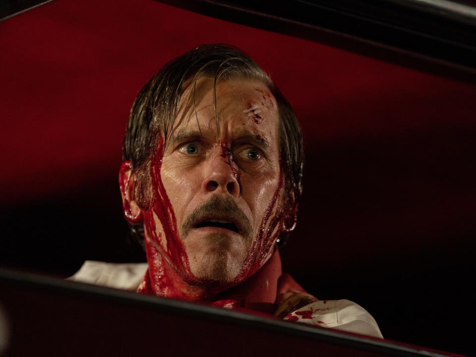 Kevin Bacon with a bloodied face in Maxxxine