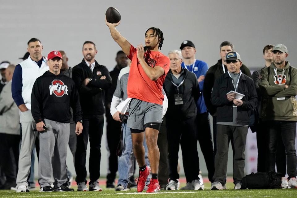 Ohio State Buckeyes quarterback C.J. Stroud throws during Ohio State football’s pro day at the Woody Hayes Athletic Center in Columbus on March 22, 2023. 