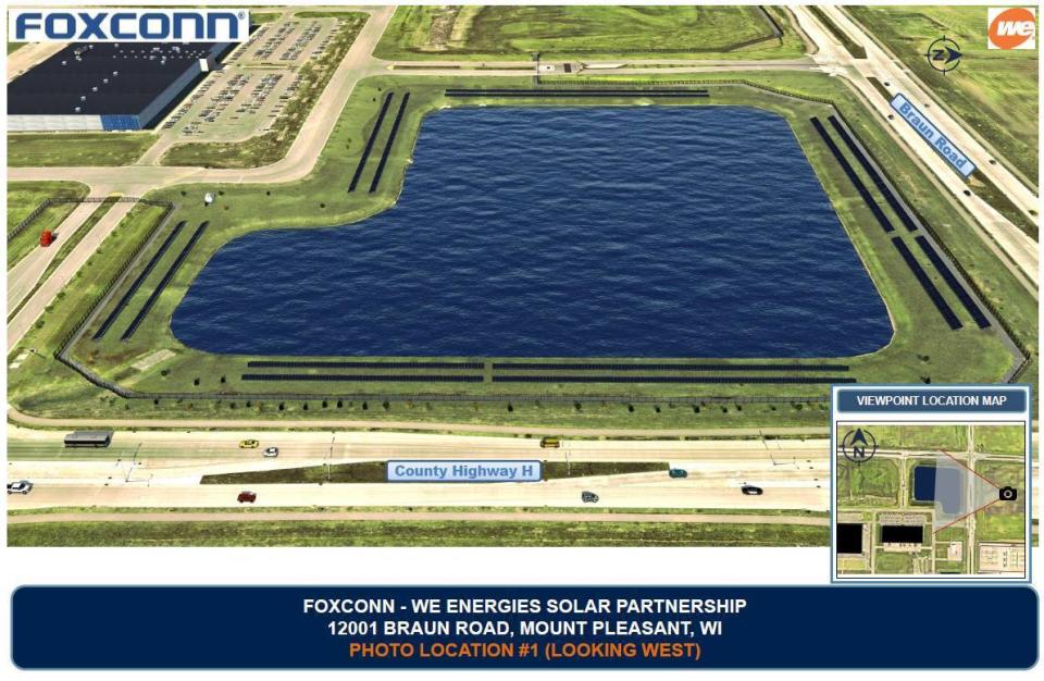 A rendering of solar panels planned to be installed on the Foxconn property in Mount Pleasant. Foxconn and We Energies announced a partnership to install solar panels on the property contingent on approval from the Mount Pleasant Village Board and Racine County Board.