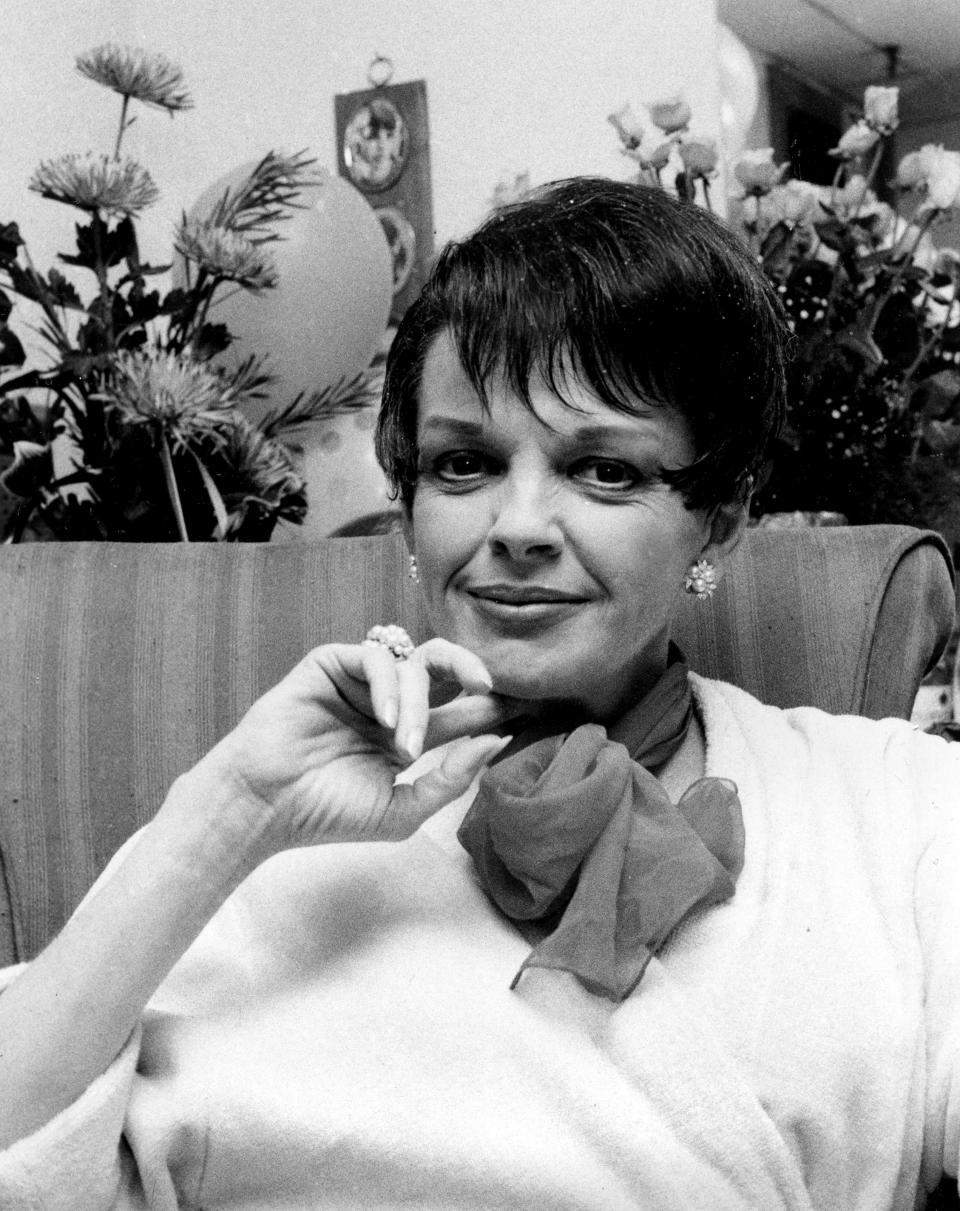 FILE – In this July 31, 1967 file photo, actress-singer Judy Garland poses backstage at the Palace Theater in New York. (AP Photo, File)