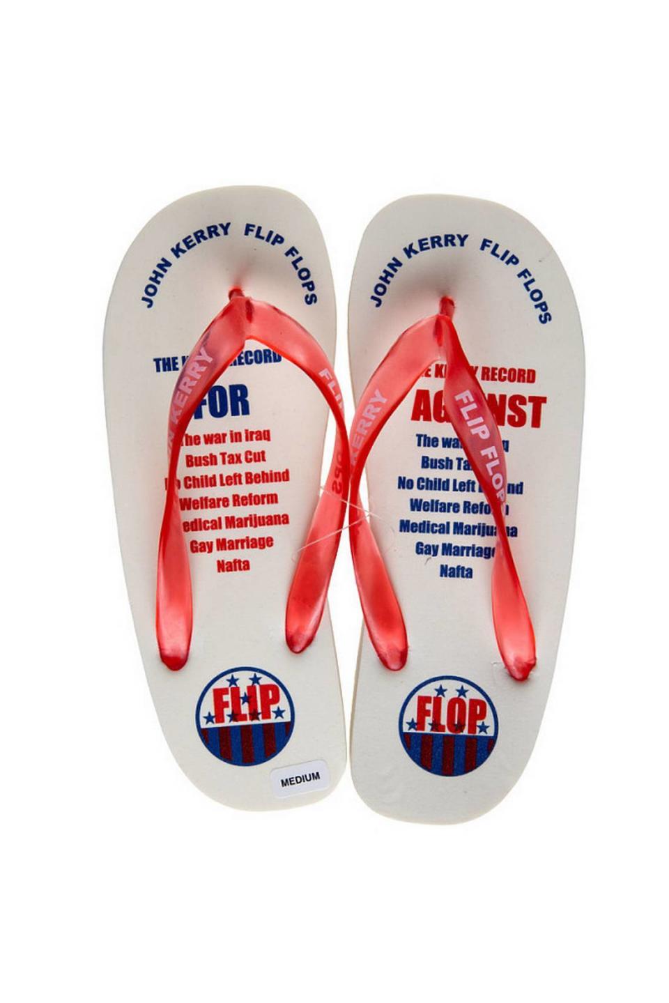 Pairs of “John Kerry flip-flops” were sold at the 2004 Republican National Convention, disparaging the Democratic presidential candidate for “flip-flopping” on campaign promises. National Museum of American History, Smithsonian Institution