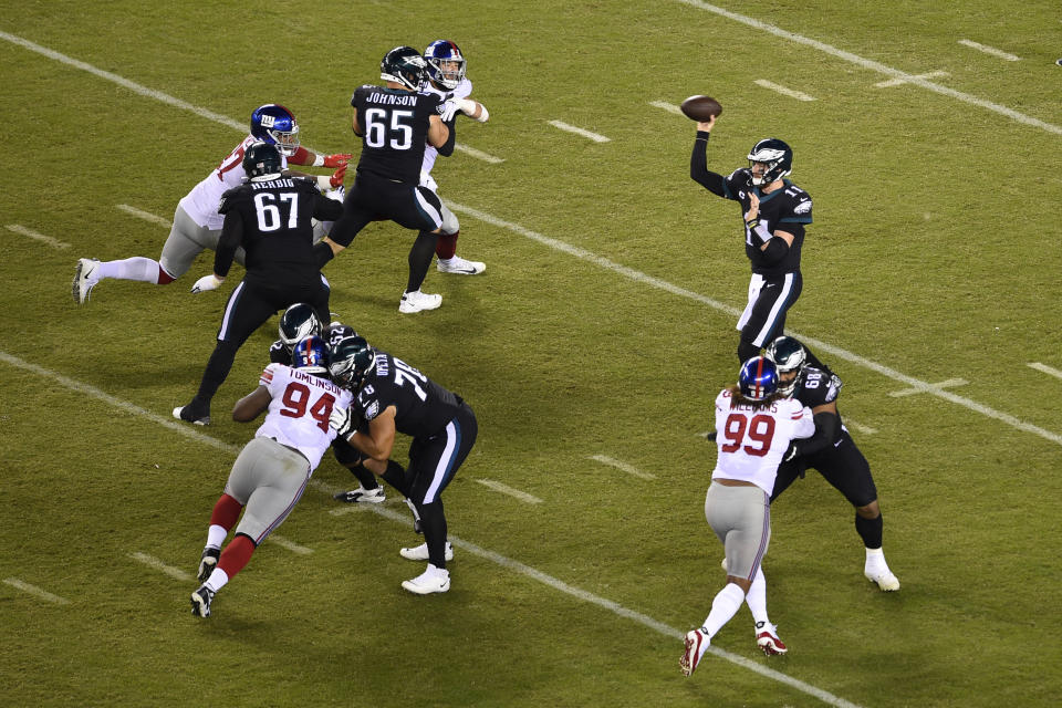 Philadelphia Eagles' Carson Wentz passes during the second half of an NFL football game against the New York Giants, Thursday, Oct. 22, 2020, in Philadelphia. (AP Photo/Derik Hamilton)