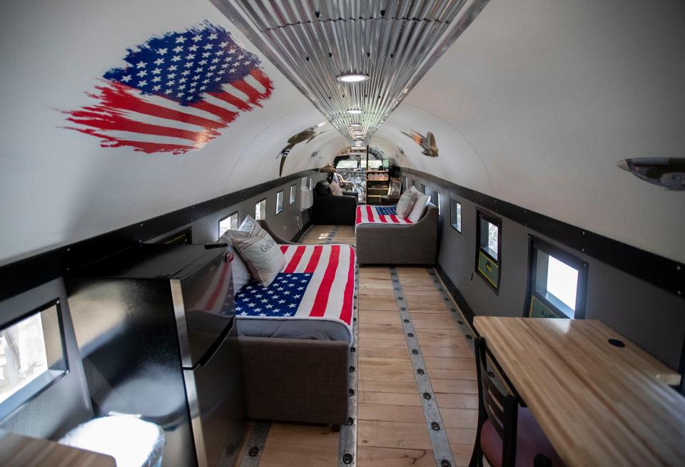 The interior of a new Airbnb is seen on Wednesday, August 9, 2023, north of Antigo, Wis. The unit was furnished inside the fuselage of a 1941 DC-3 cargo plane.
Tork Mason/USA TODAY NETWORK-Wisconsin