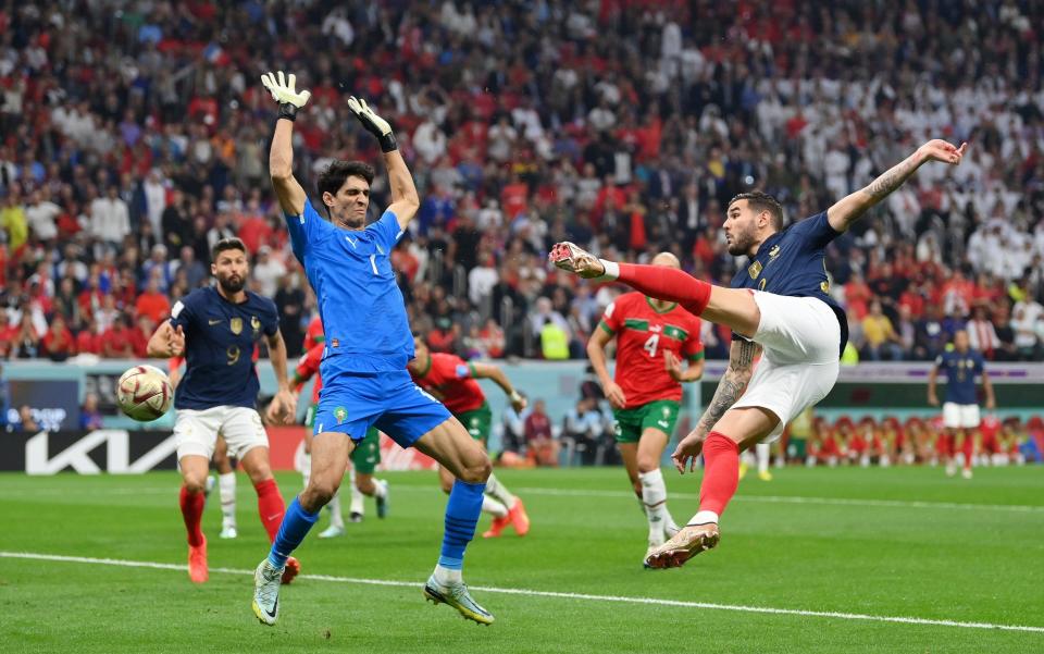 Theo Hernandez of France scores the team's first goal past Yassine Bounou of Morocco during the FIFA World Cup Qatar - Dan Mullan/Getty Images