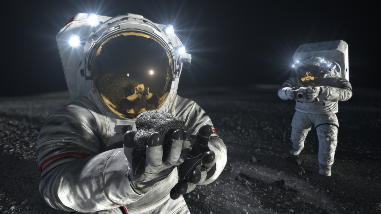  illustration of two astronauts holding moon rocks with black sky behind 