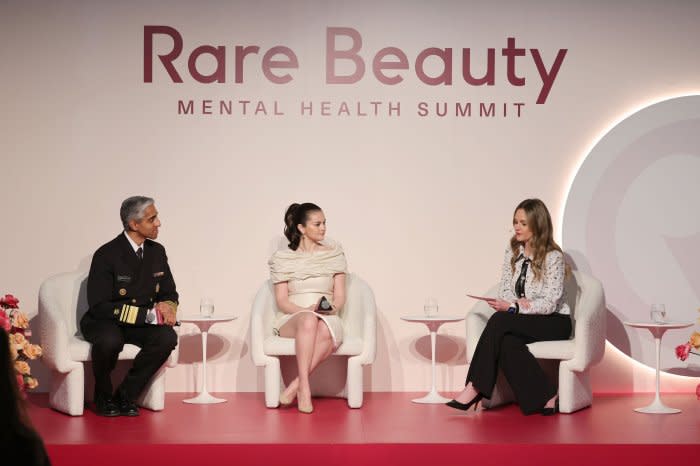 Surgeon General Vivek H. Murthy, Selena Gomez, and Elyse Cohen speak onstage during Rare Beauty’s 3rd Annual Mental Health Summit on May 1, 2024, in New York City.<span class="copyright">Cindy Ord—Getty Images for Rare Beauty</span>