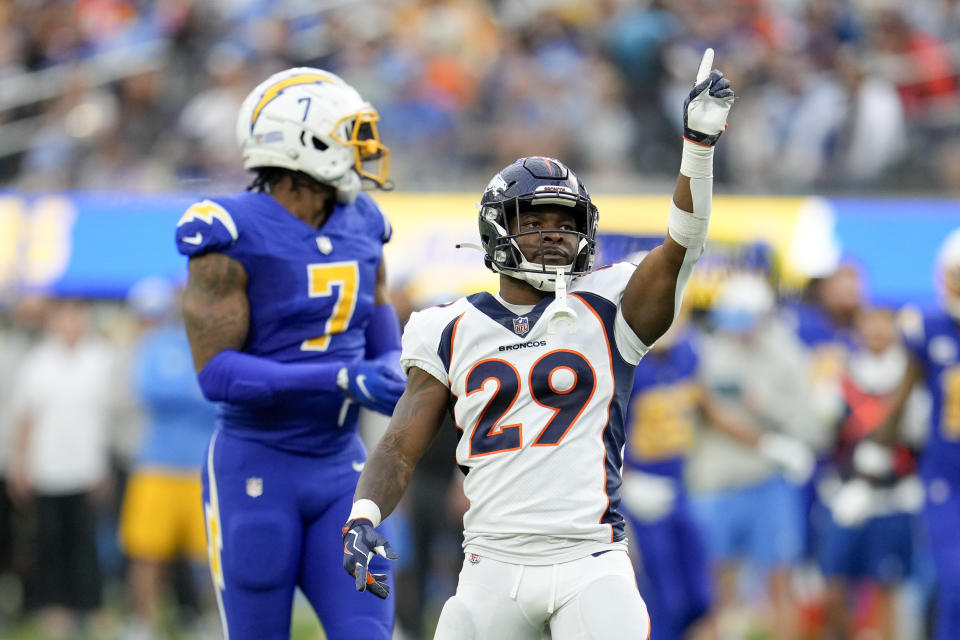 Denver Broncos cornerback Ja'Quan McMillian (29) reacts to a play during the first half of an NFL football game against the Los Angeles Chargers Sunday, Dec. 10, 2023, in Inglewood, Calif. (AP Photo/Marcio Jose Sanchez)