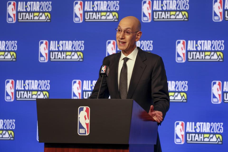 NBA Commissioner Adam Silver answers questions during the NBA basketball All-Star weekend Saturday, Feb. 18, 2023, in Salt Lake City. (AP Photo/Rob Gray)