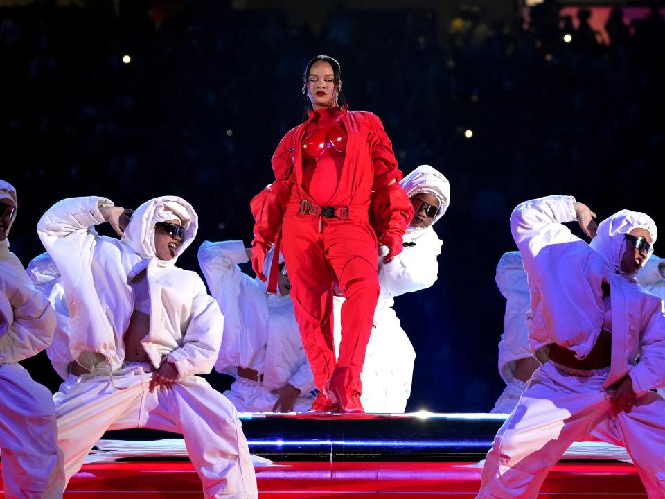 Rihanna performs during the 2023 Super Bowl halftime show.