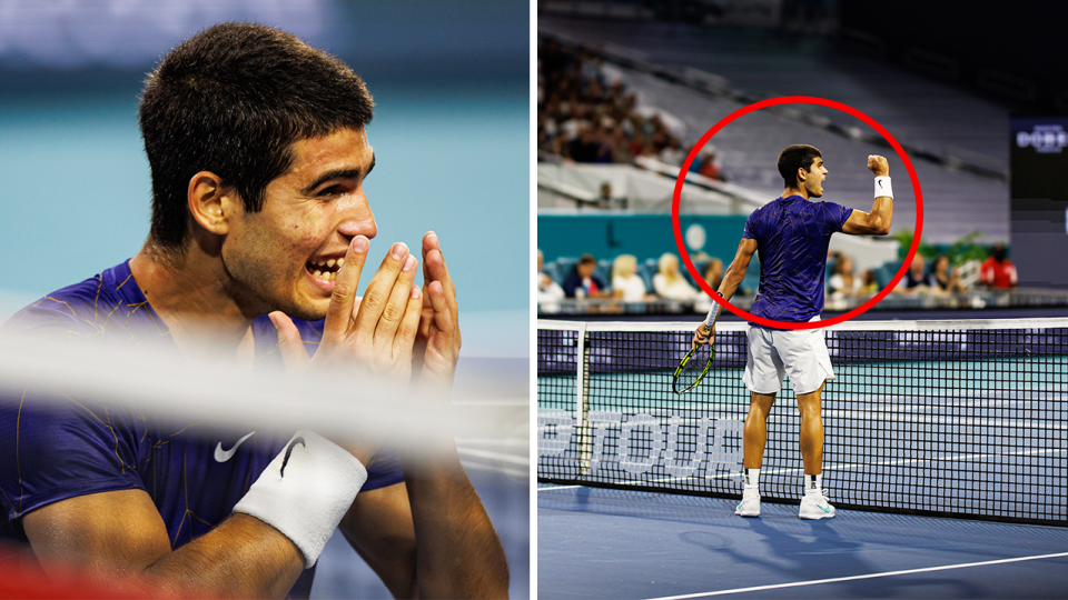 Carlos Alcaraz (pictured left) in shock after winning the Miami Open quarter-final match and (pictured right) celebrating the win.