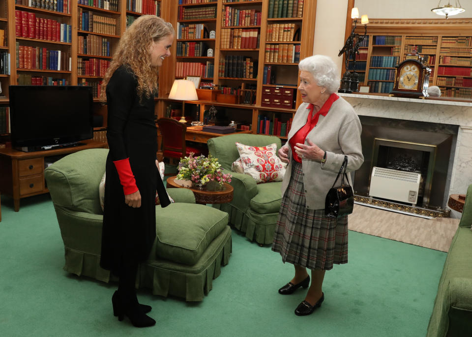 ABERDEEN, SCOTLAND - SEPTEMBER 20: Canadian Governor General Designate Julie Payette meets Queen Elizabeth during a private audience at Balmoral Castle on September 20, 2017 in Aberdeen Scotland. (Photo by Andrew Milligan - WPA Pool/Getty Images)