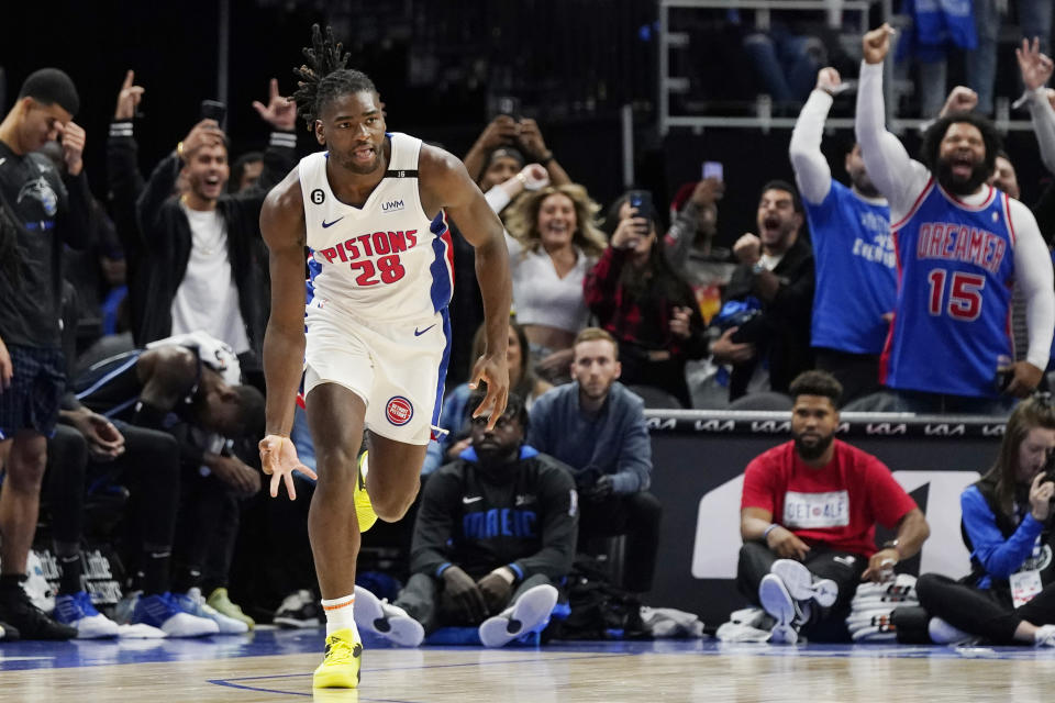 Detroit Pistons center Isaiah Stewart reacts after a three-point basket with seconds remaining during the second half of an NBA basketball game against the Orlando Magic, Wednesday, Oct. 19, 2022, in Detroit. (AP Photo/Carlos Osorio)