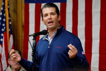 FILE PHOTO: U.S. President Donald Trump's son, Donald Trump Jr. speaks during a campaign event for Republican congressional candidate Rick Saccone at the Blaine Hill Volunteer Fire dept. in Elizabeth Township, Pennsylvania, U.S. March 12, 2018. REUTERS/Brendan McDermid/File Photo